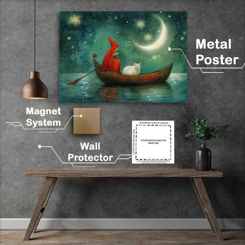 Buy Metal Poster : (An elf in a red cape rowing a boat with a white cat)