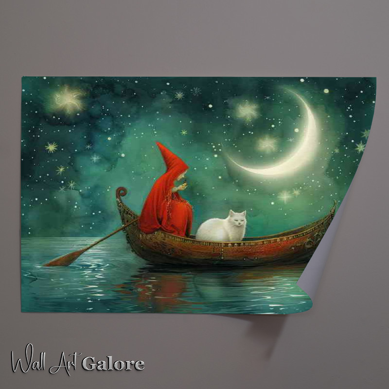 Buy Unframed Poster : (An elf in a red cape rowing a boat with a white cat)