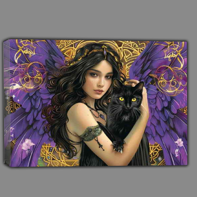 Buy Canvas : (Beautiful woman with angel wings holding a black cat)