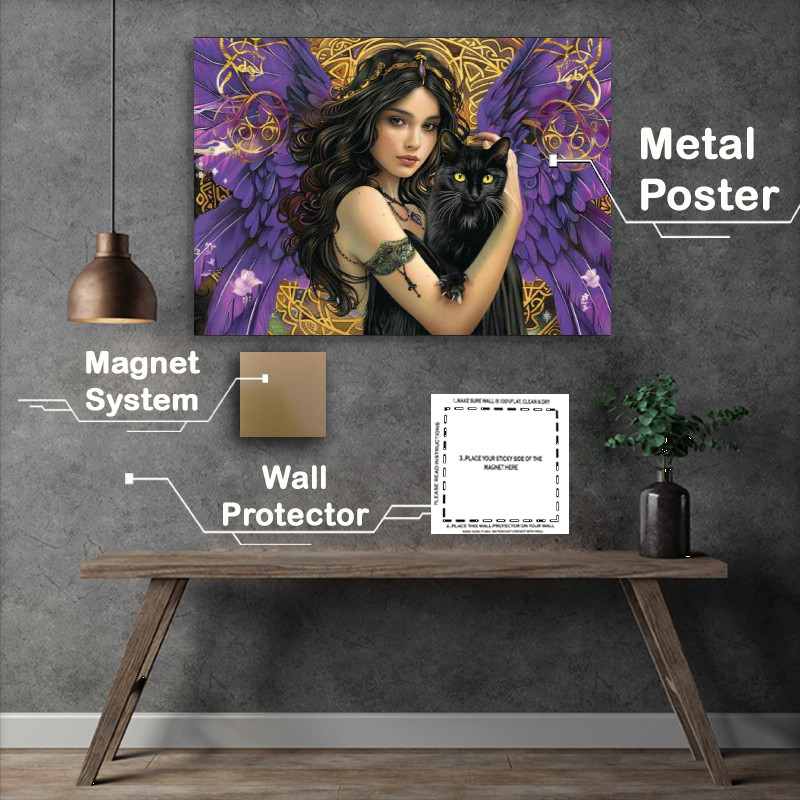 Buy Metal Poster : (Beautiful woman with angel wings holding a black cat)