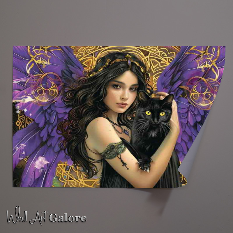 Buy Unframed Poster : (Beautiful woman with angel wings holding a black cat)