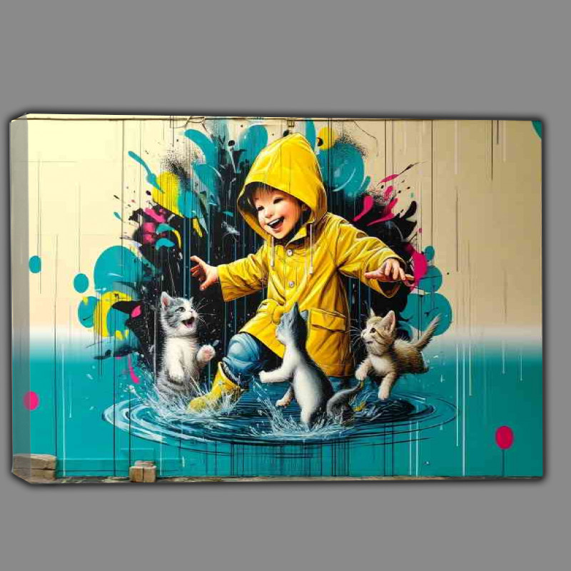 Buy Canvas : (Child in a bright yellow raincoat playing with kittens)