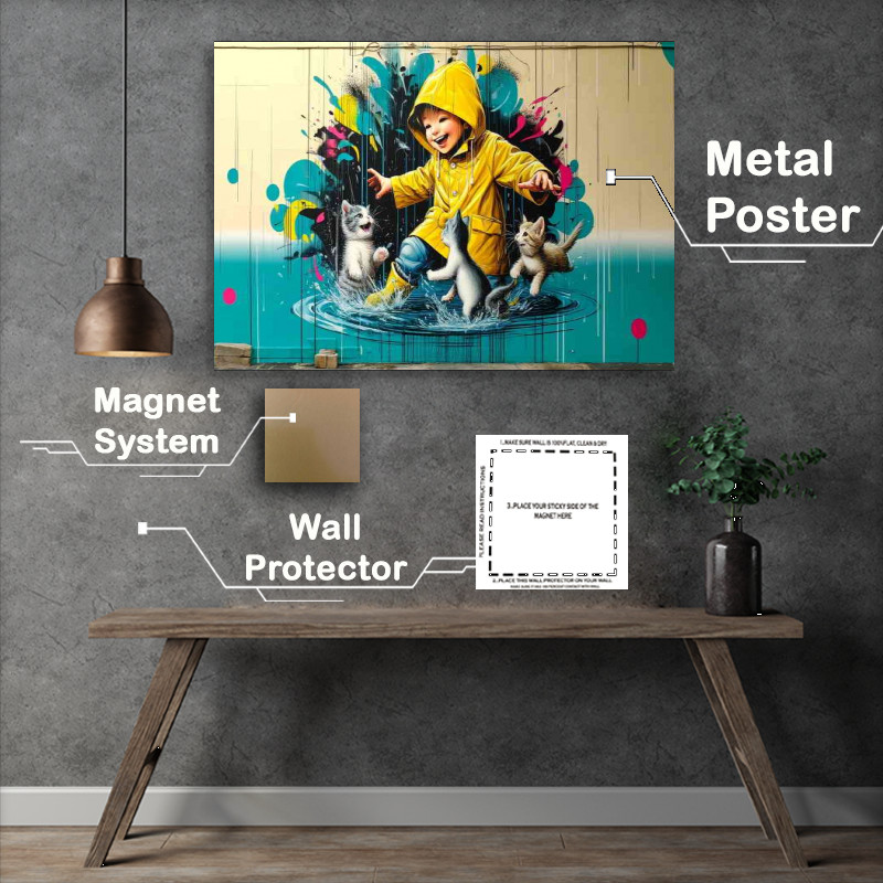 Buy Metal Poster : (Child in a bright yellow raincoat playing with kittens)