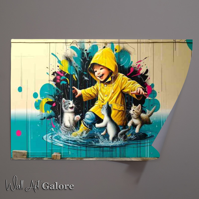Buy Unframed Poster : (Child in a bright yellow raincoat playing with kittens)