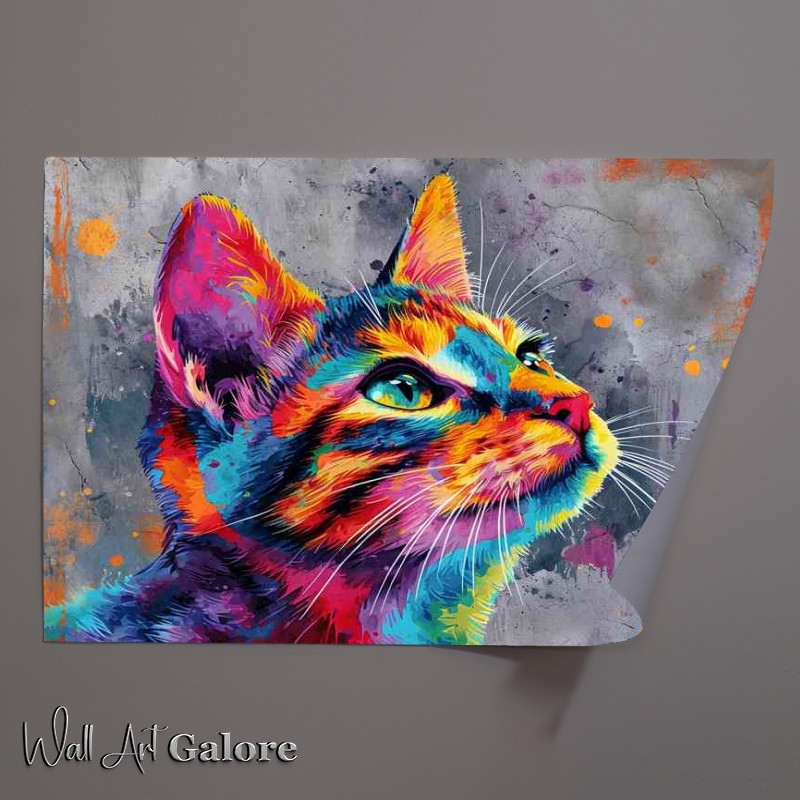 Buy Unframed Poster : (Colorful cat gazing with a grey background)