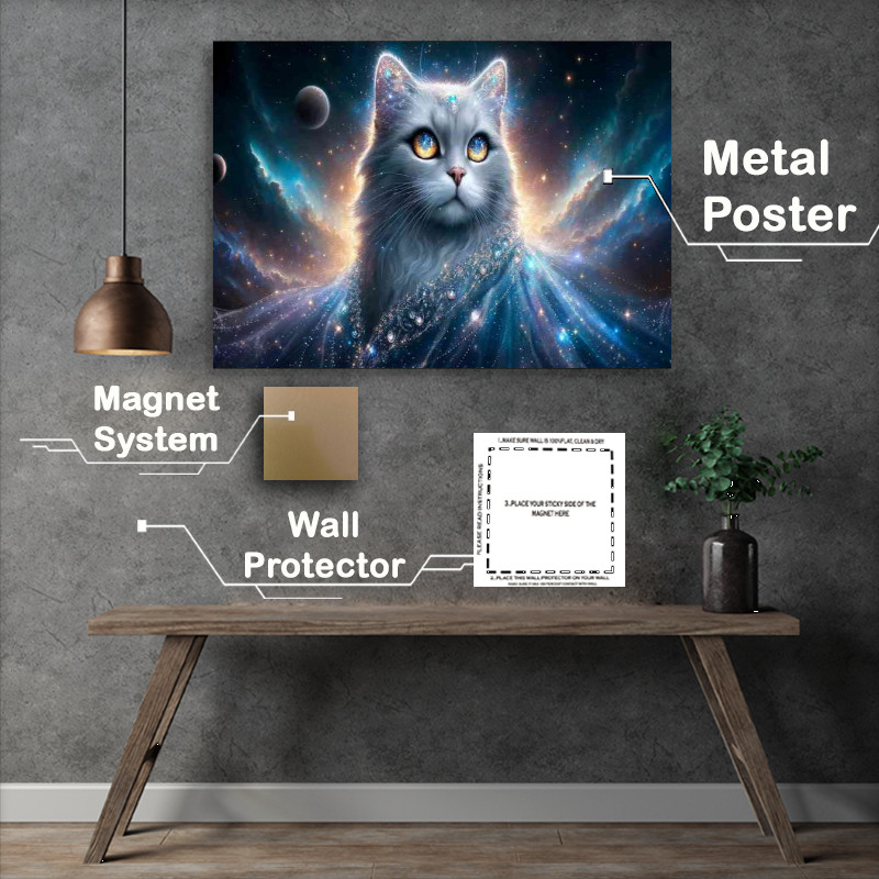 Buy Metal Poster : (Cosmic Cat with silver blue fur nestled among the stars)