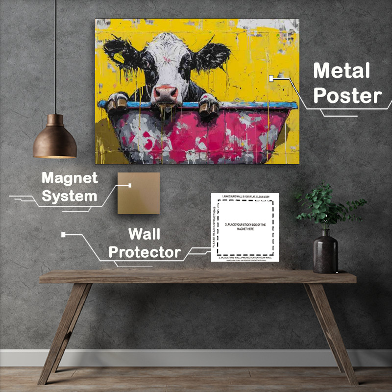 Buy Metal Poster : (Dairy cow in a bath tub with yellow painted walls)