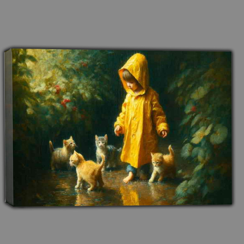 Buy Canvas : (Depicting a child in a vibrant yellow raincoat and kittens at play)