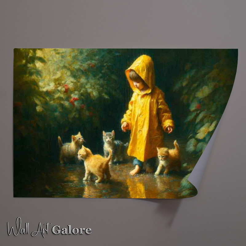 Buy Unframed Poster : (Depicting a child in a vibrant yellow raincoat and kittens at play)
