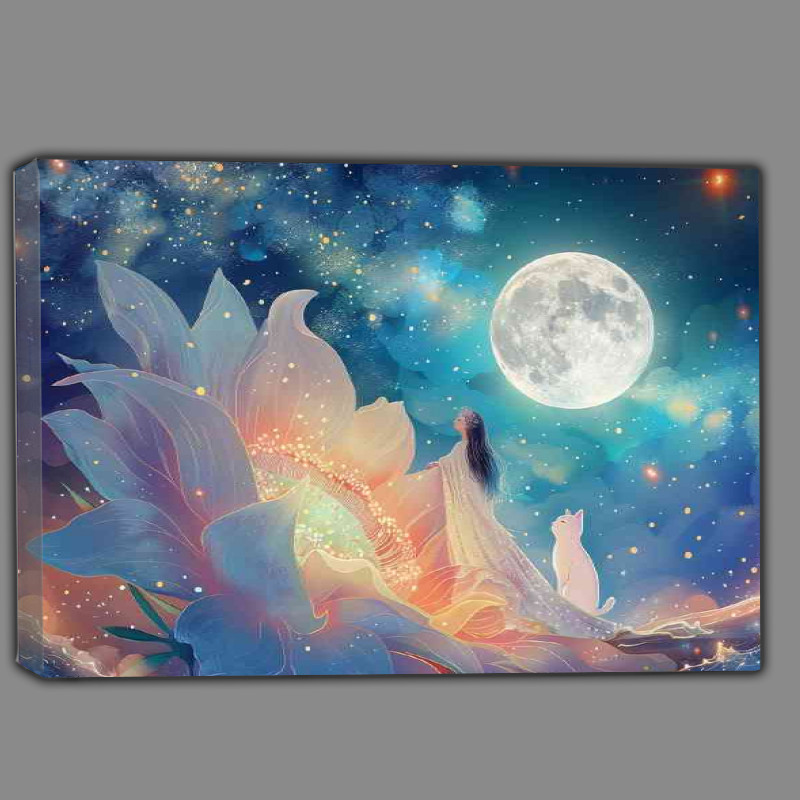 Buy Canvas : (Flowers in the sky with full moon and white cat)