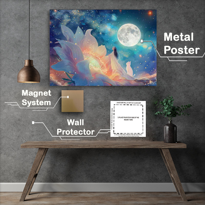Buy Metal Poster : (Flowers in the sky with full moon and white cat)