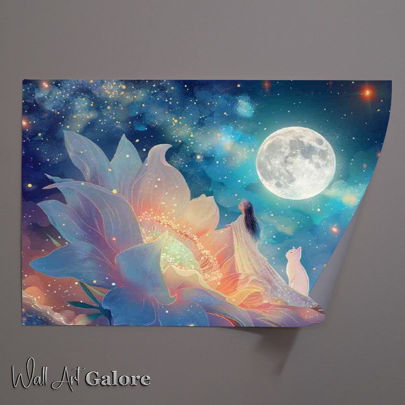 Buy Unframed Poster : (Flowers in the sky with full moon and white cat)