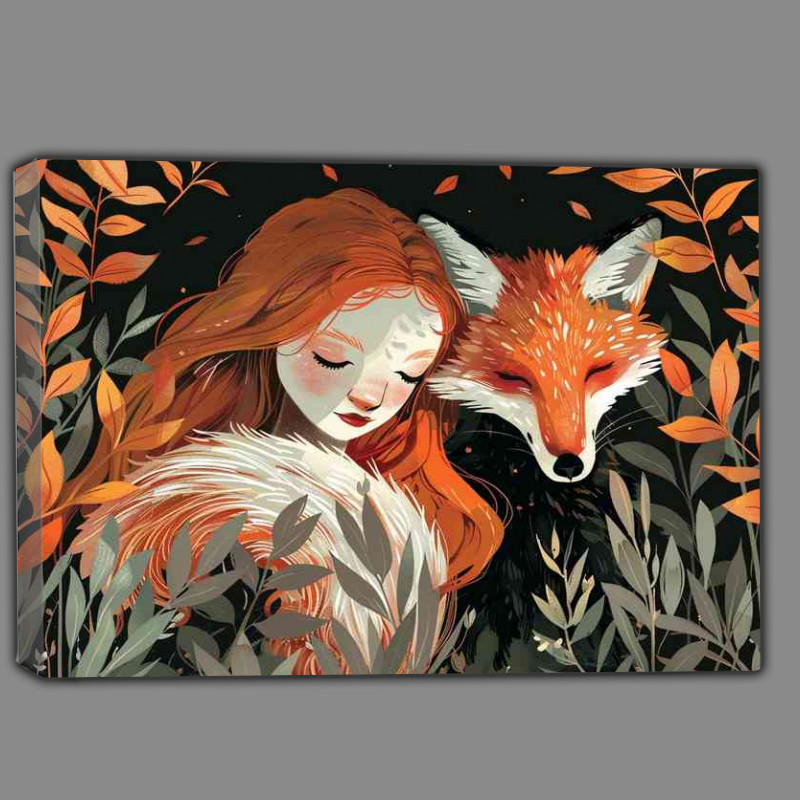 Buy Canvas : (Girl and Fox with red hair sitting among leafs)