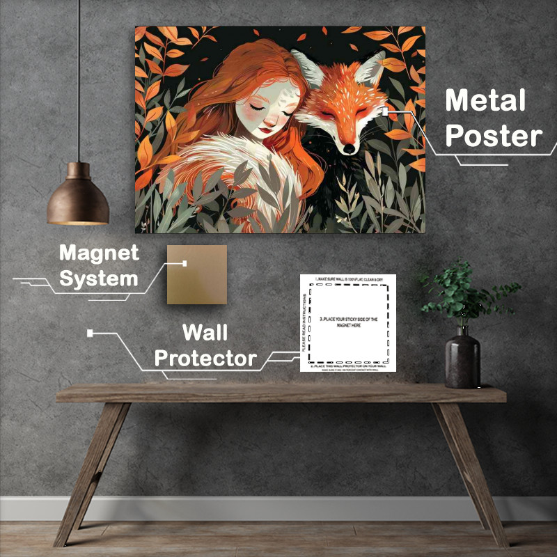 Buy Metal Poster : (Girl and Fox with red hair sitting among leafs)