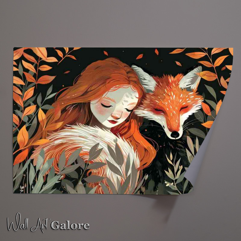 Buy Unframed Poster : (Girl and Fox with red hair sitting among leafs)