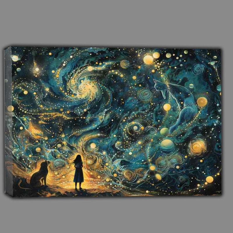 Buy Canvas : (Girl is standing before a Cat with stars and planet)