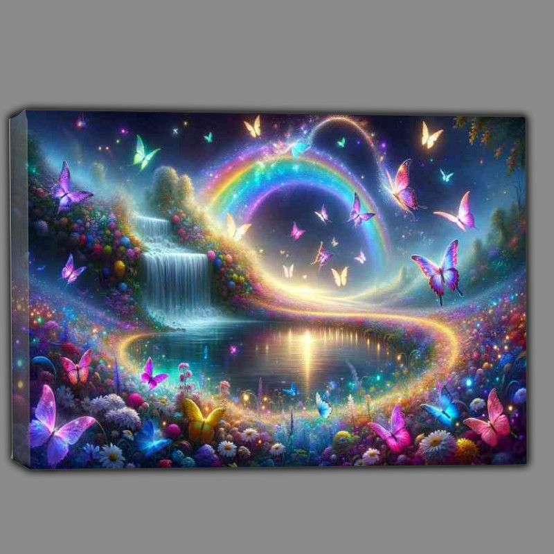 Buy Canvas : (Dreamy landscape with Iridescent butterflies shimmering waterfall)