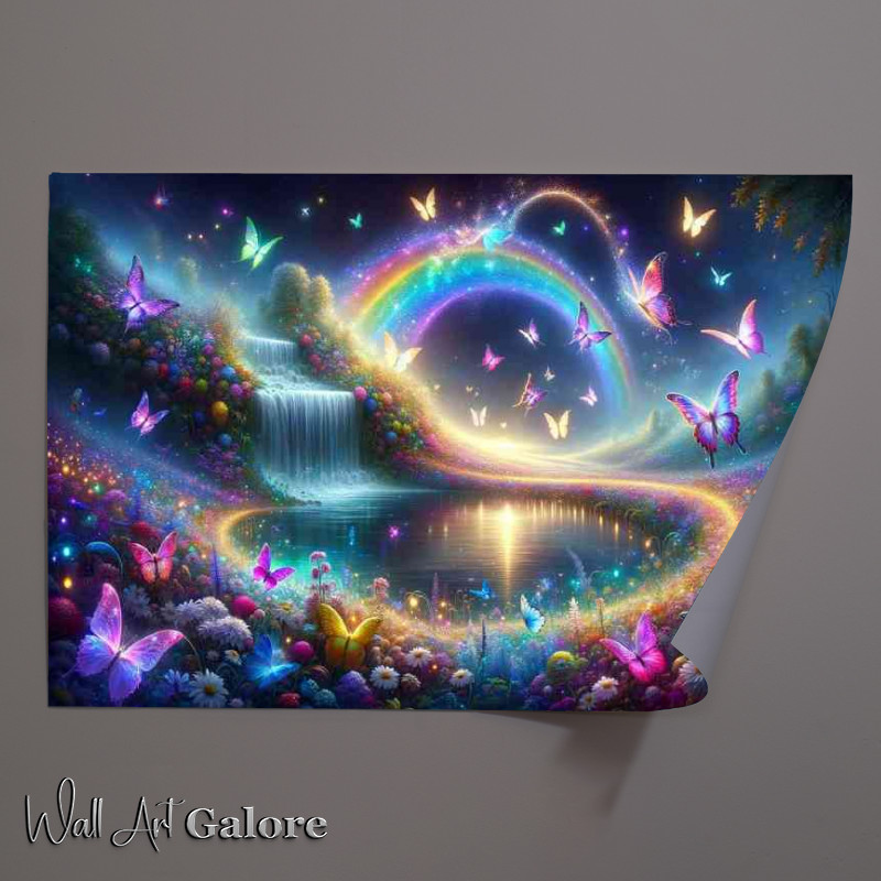 Buy Unframed Poster : (Dreamy landscape with Iridescent butterflies shimmering waterfall)