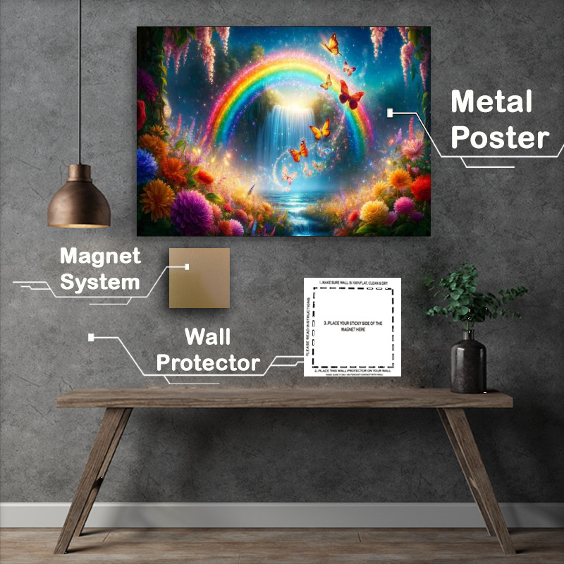 Buy Metal Poster : (Magical vibrant butterflies flying across a rainbow)