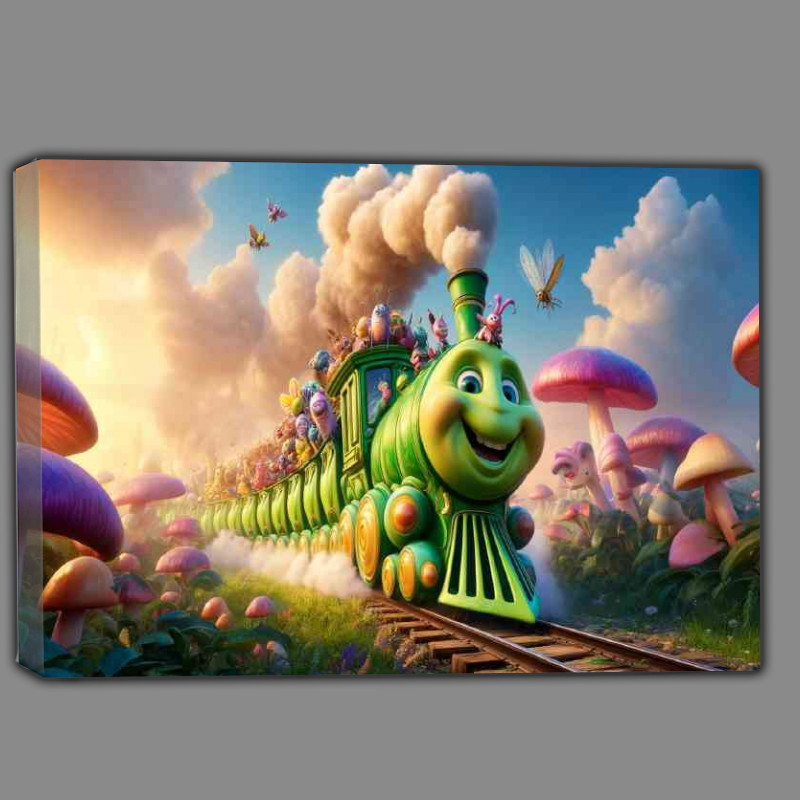 Buy Canvas : (Quirky train shaped like a caterpillar vibrant green)