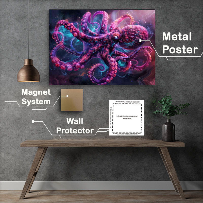 Buy Metal Poster : (A Pink Octopus with bright tentacles in the ocean)