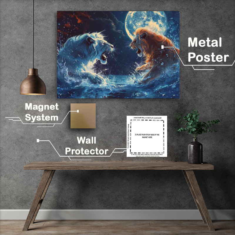 Buy Metal Poster : (A Pair Of Lions Fighting the the water by the moon)