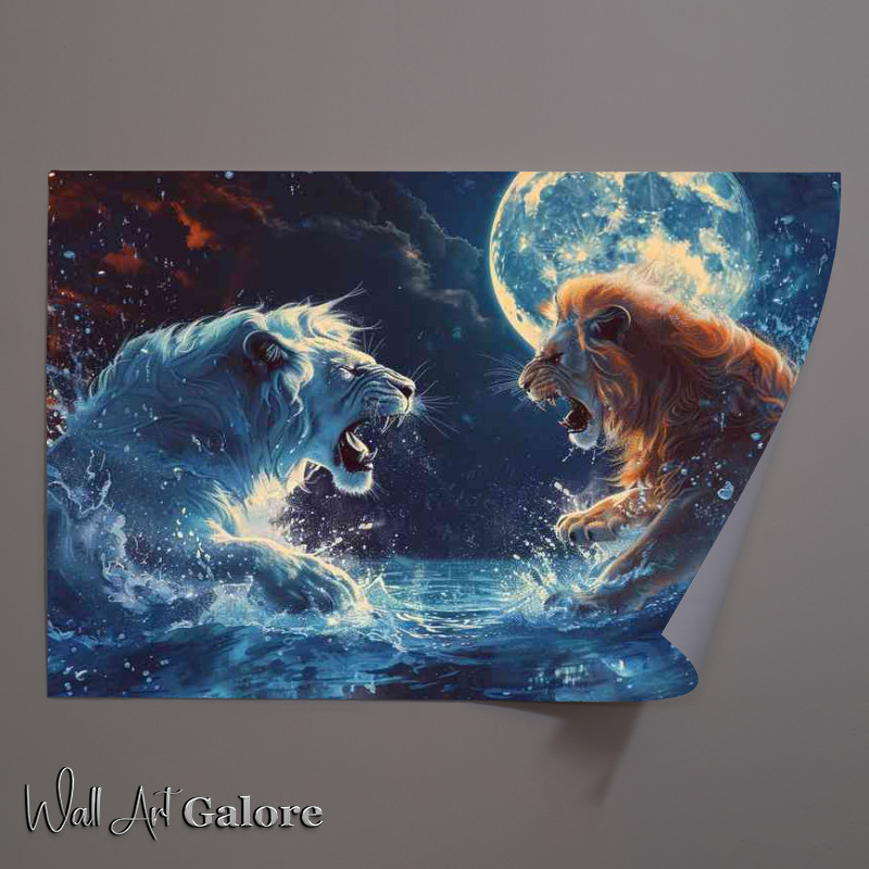 Buy Unframed Poster : (A Pair Of Lions Fighting the the water by the moon)