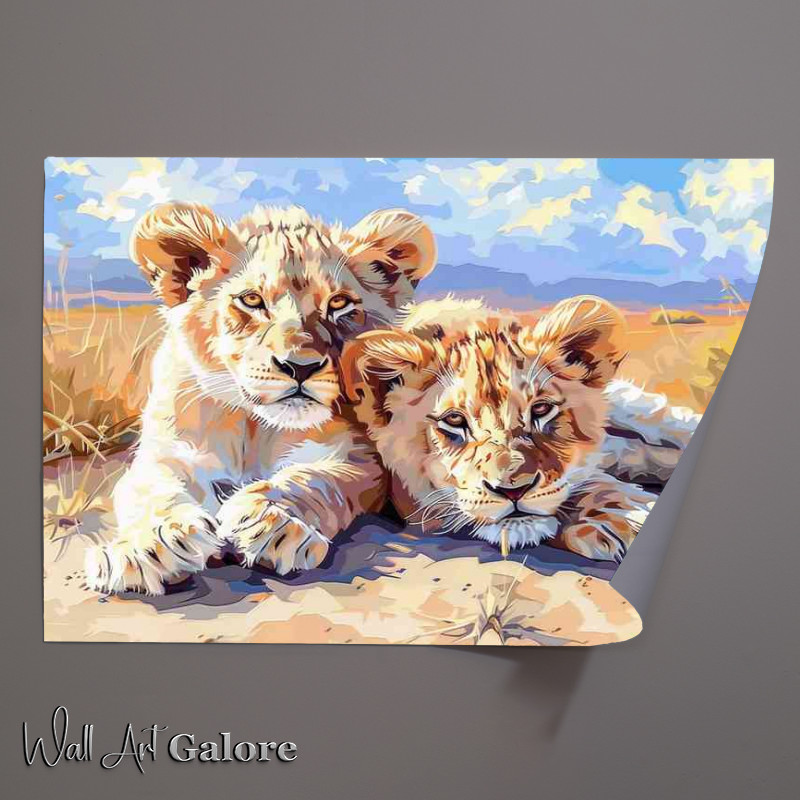 Buy Unframed Poster : (A Pair of Lion Cubs in the desert sun)