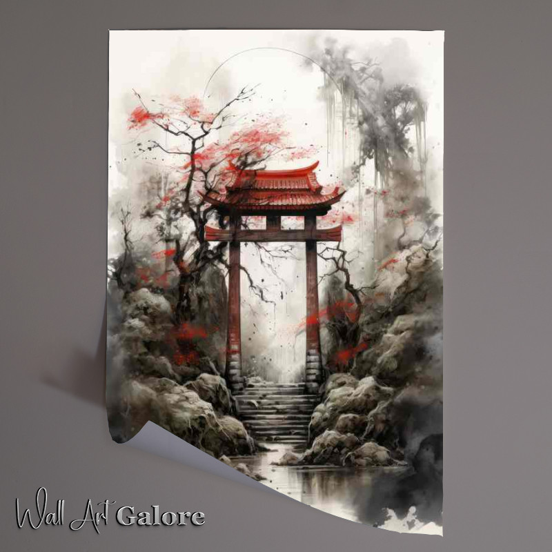 Buy Unframed Poster : (Torii Tapestry Japans with trees in Watercolor Wonders)