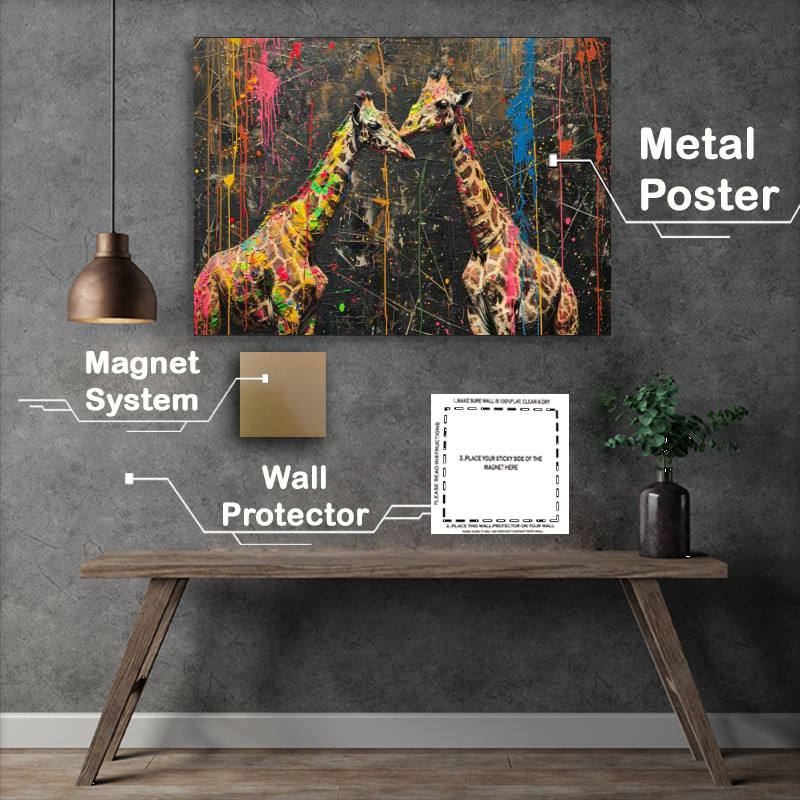 Buy Metal Poster : (A Pair of giraffes in a splatterd art form)