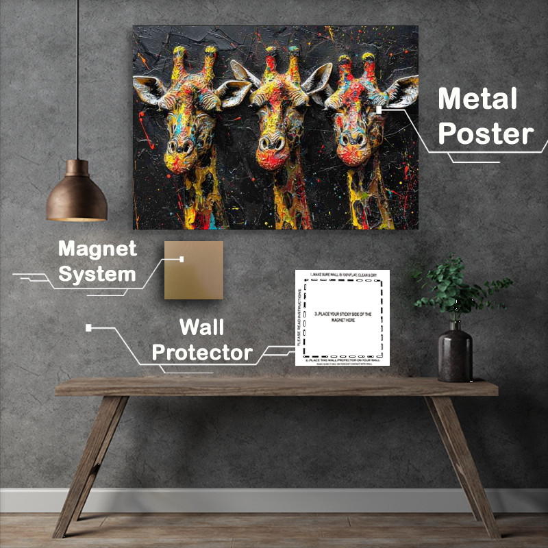 Buy Metal Poster : (A colourful set of giraffe heads splashed art)