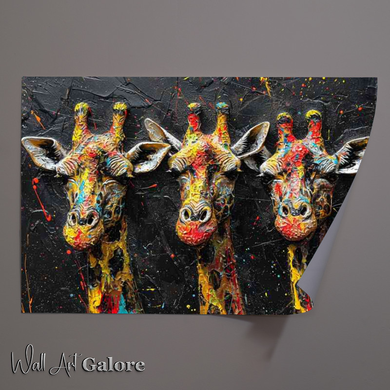 Buy Unframed Poster : (A colourful set of giraffe heads splashed art)