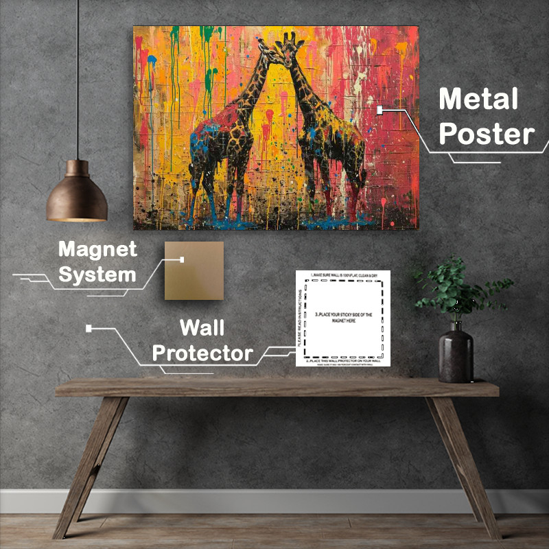 Buy Metal Poster : (A pair of giraffes with splashed art)
