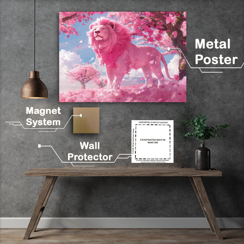 Buy Metal Poster : (A pink Lion standing under the cherry trees)