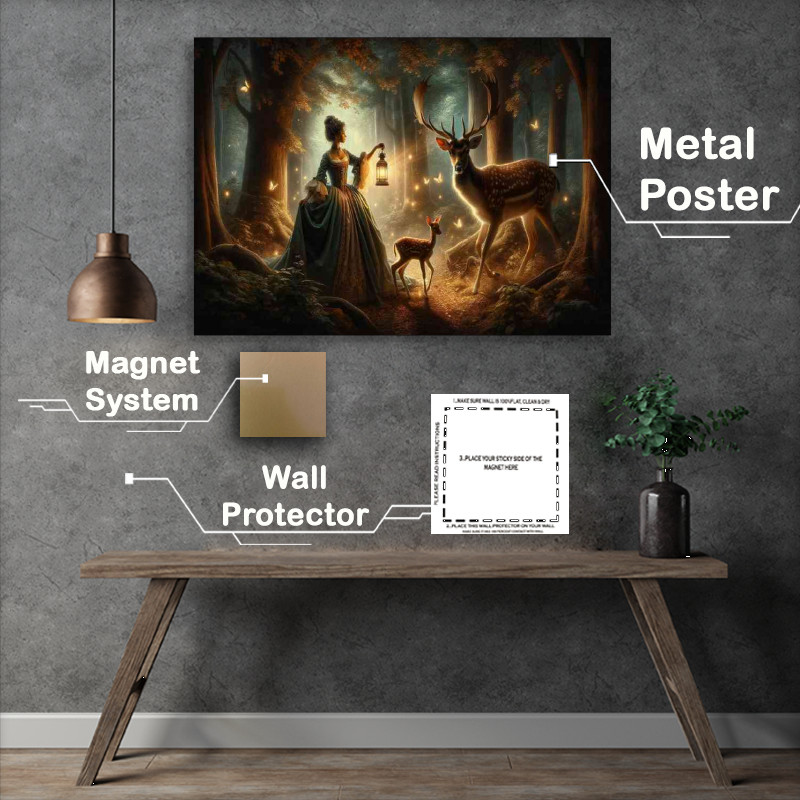 Buy Metal Poster : (A young girl in a dress holding a lantern in a mystical forest)