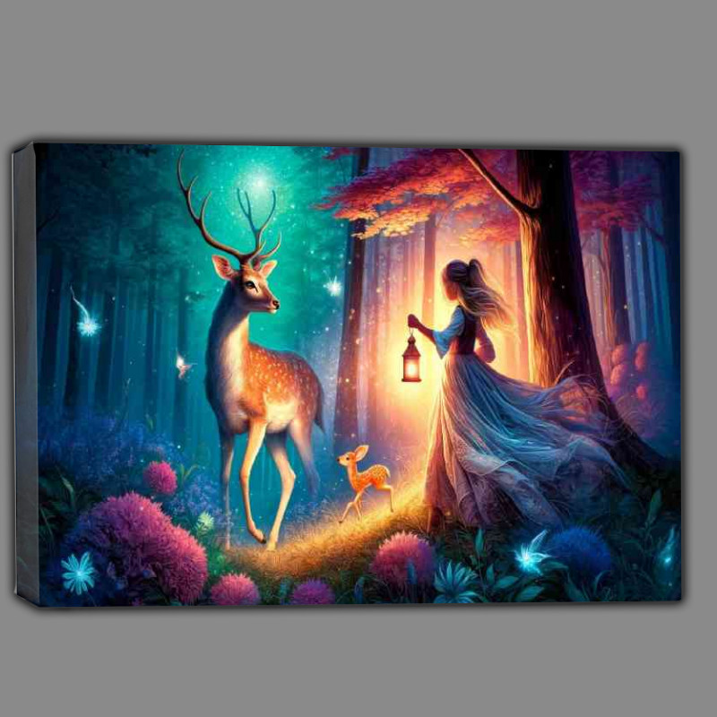 Buy Canvas : (A young girl with a lantern encountering a deer and its fawn)