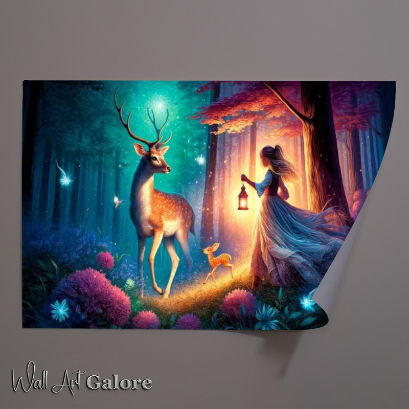 Buy Unframed Poster : (A young girl with a lantern encountering a deer and its fawn)