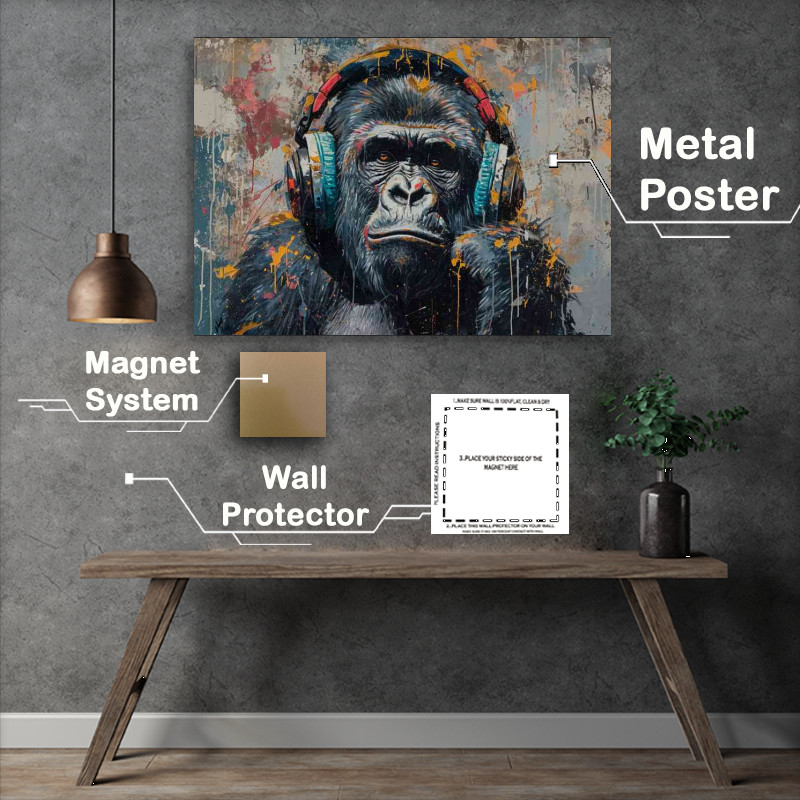 Buy Metal Poster : (Abstract painting of a gorilla headphones and pain with splash art)