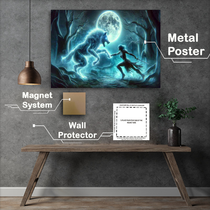 Buy Metal Poster : (Amazon warrior clashing with a spectral wolf)