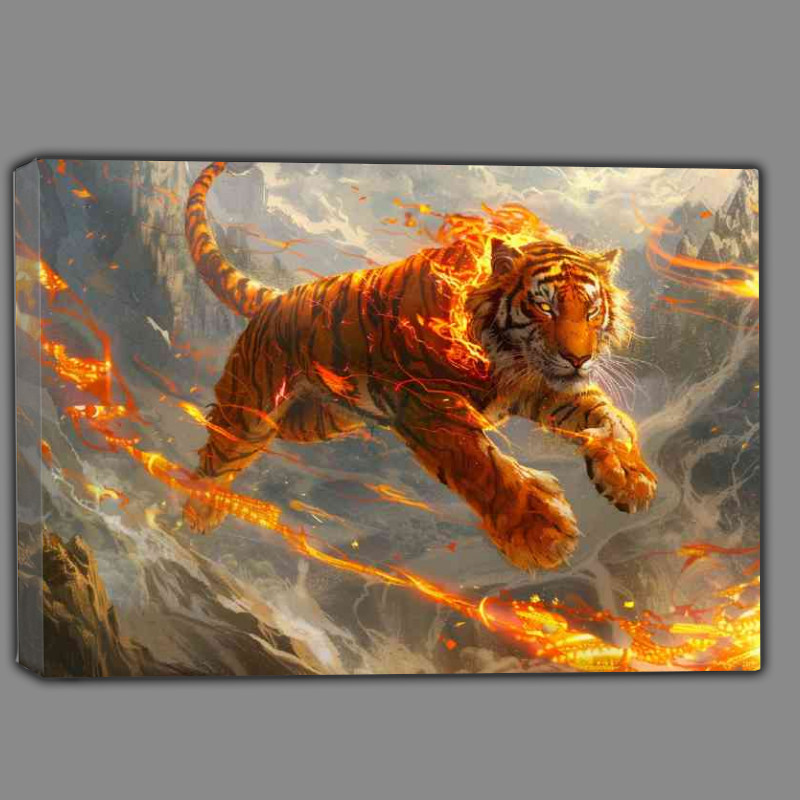 Buy Canvas : (Anthropomorphic red Tiger with fiery patterns leap)