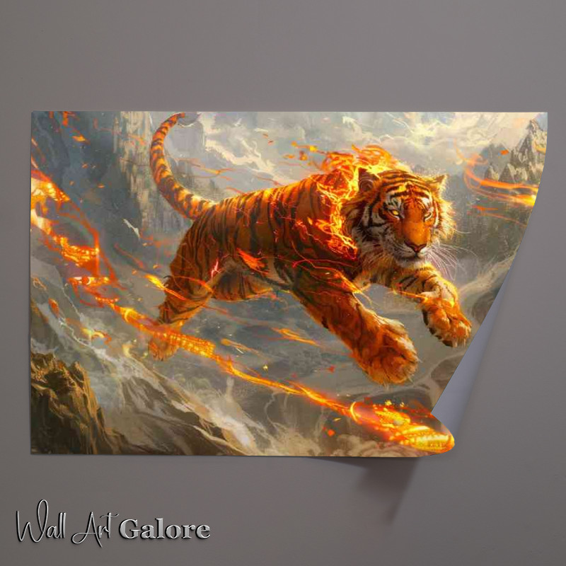 Buy Unframed Poster : (Anthropomorphic red Tiger with fiery patterns leap)