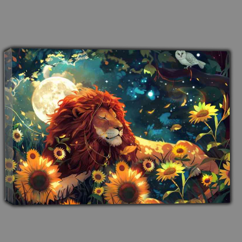 Buy Canvas : (Beautiful Lion lies in the forest surrounded by sun)