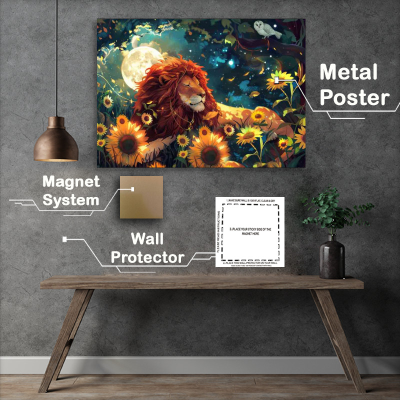Buy Metal Poster : (Beautiful Lion lies in the forest surrounded by sun)