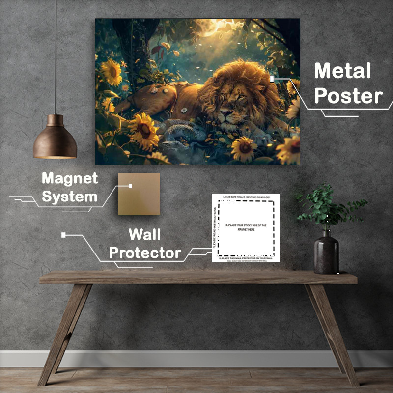 Buy Metal Poster : (Beautiful Lion with golden fur resting In the forest)