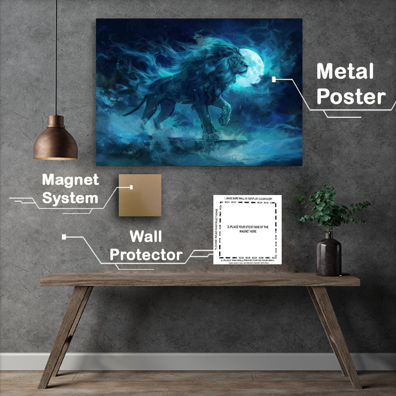 Buy Metal Poster : (Big Lion standing with the moon in blue)