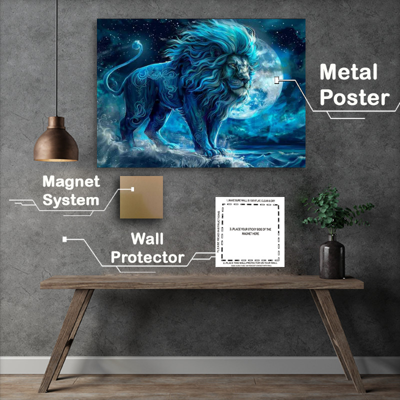 Buy Metal Poster : (Big lion standing in the night against the moon)
