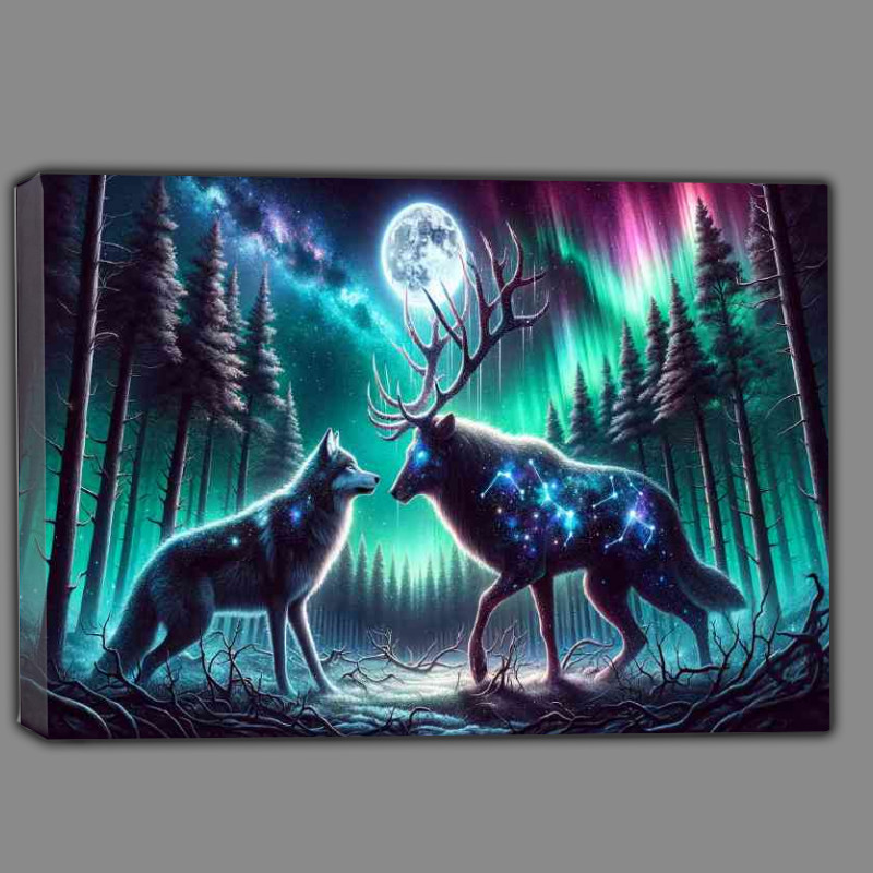 Buy Canvas : (Celestial showdown a starry Wolf and a moonlit Stag)