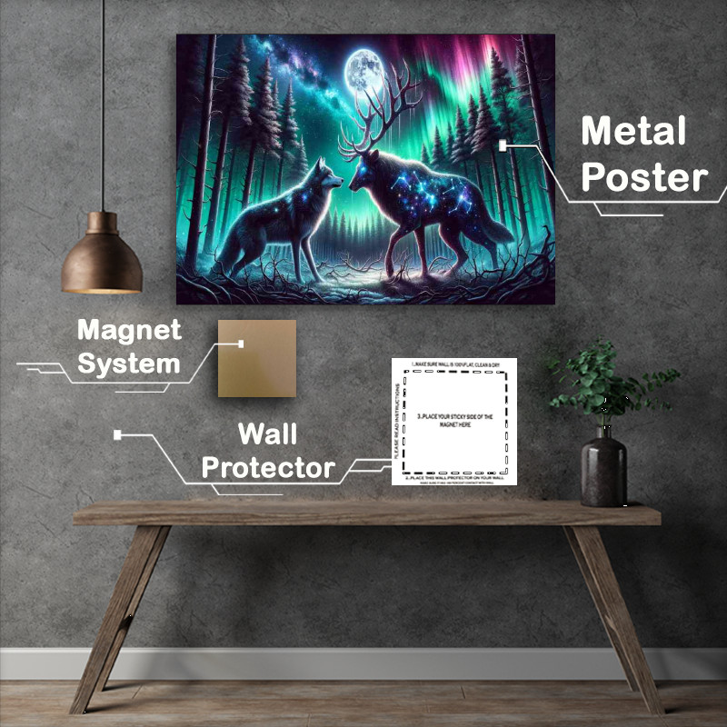 Buy Metal Poster : (Celestial showdown a starry Wolf and a moonlit Stag)