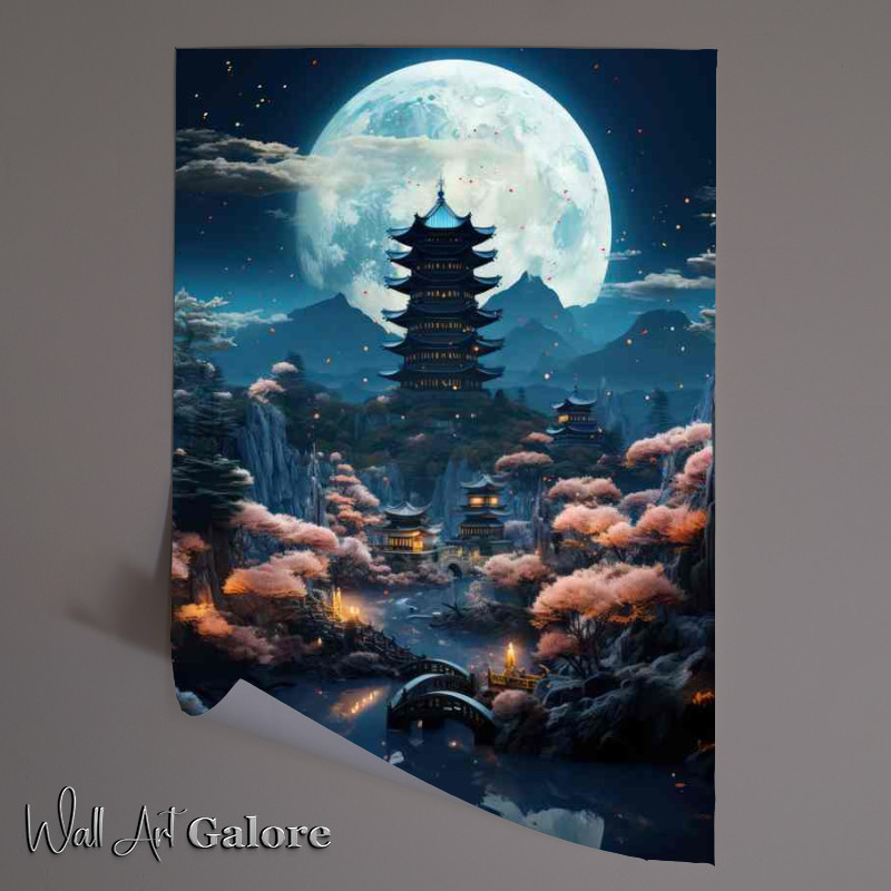 Buy : (Yujihime Full Moon Tower: Water Bridge & Cherry Trees Poster)