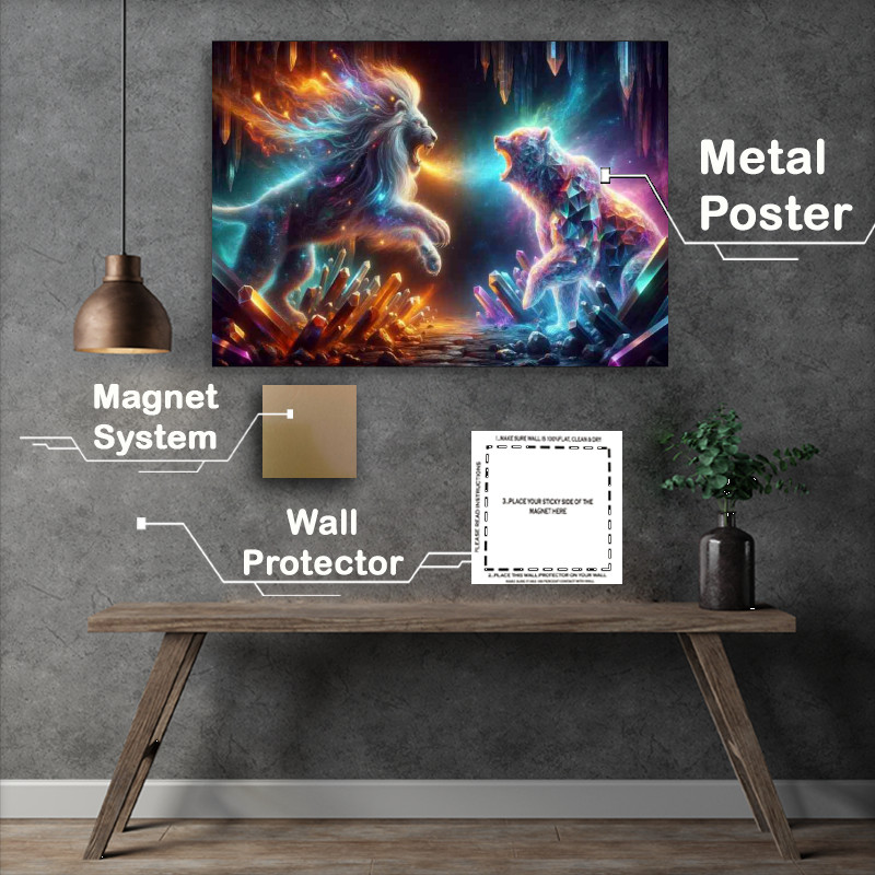 Buy Metal Poster : (Clash between a spectral Lion with a mane of stars and a crystal Bear)